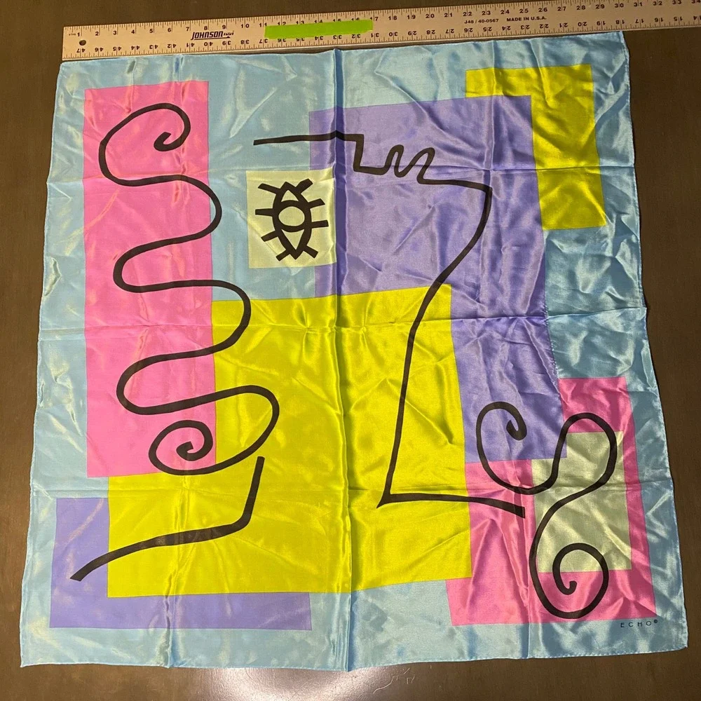 Echo Vintage Abstract Colorblock Silk Scarf Blue Pink Yellow Eye Graphic 31x31
